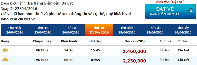 Bảng giá vé máy bay Đà Nẵng Đà Lạt